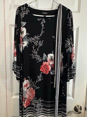 Roz & Ali Black Floral Stripe Bell Sleeve Midi Dress Tie Waist Size XL